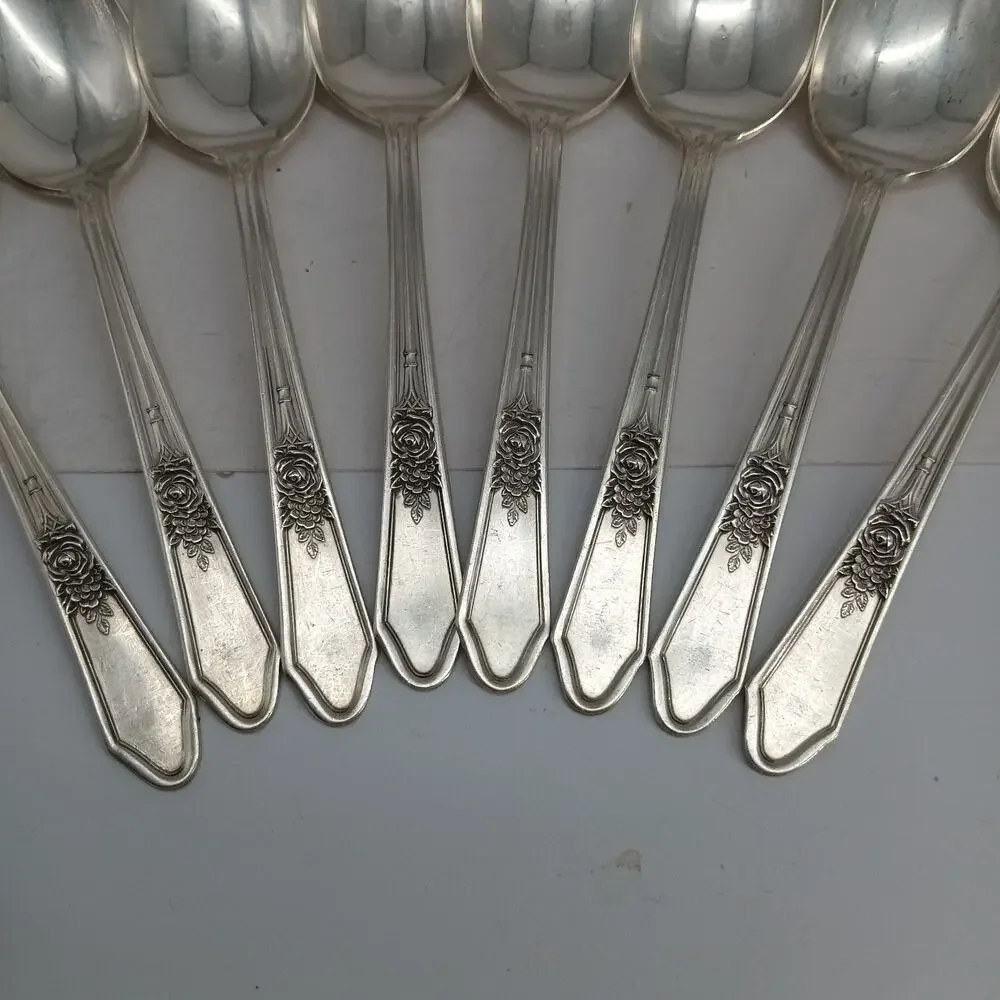 8X Tsp Vtg Manor Plate Triple Rose Rosedale Teaspoons Silverplate